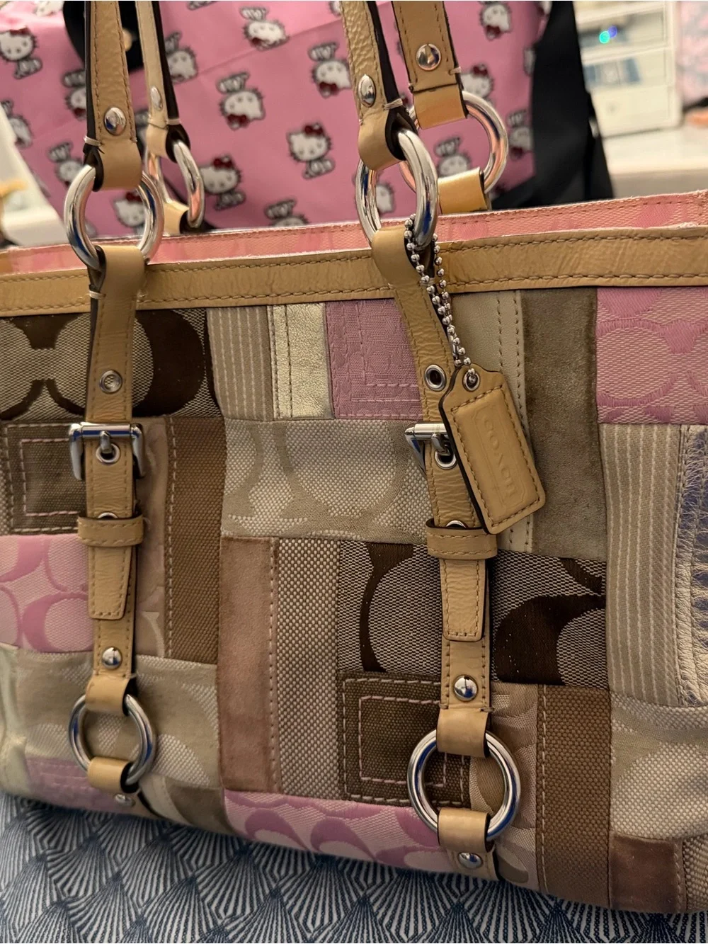 Coach Pink and Brown Patchwork Leather-Trim Tote